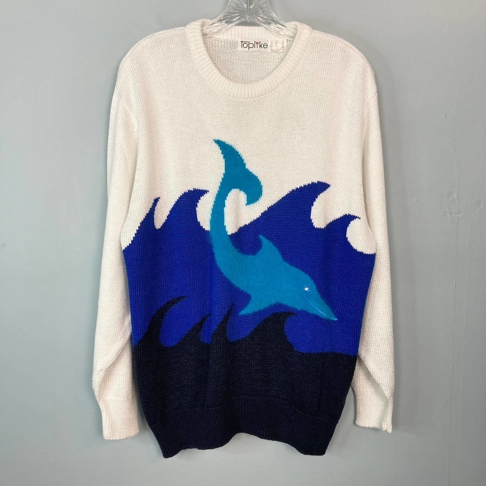 TOPLIKE Vintage Dolphin Ocean Waves Angora Blend Crew Neck Sweater Womens Size L - Picture 16 of 16